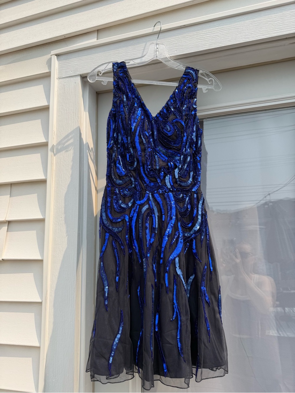 Sleeveless V-Neck Mini Dress with Blue Sequin Embellishment